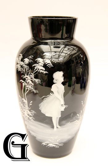 black glass Mary Gregory vase